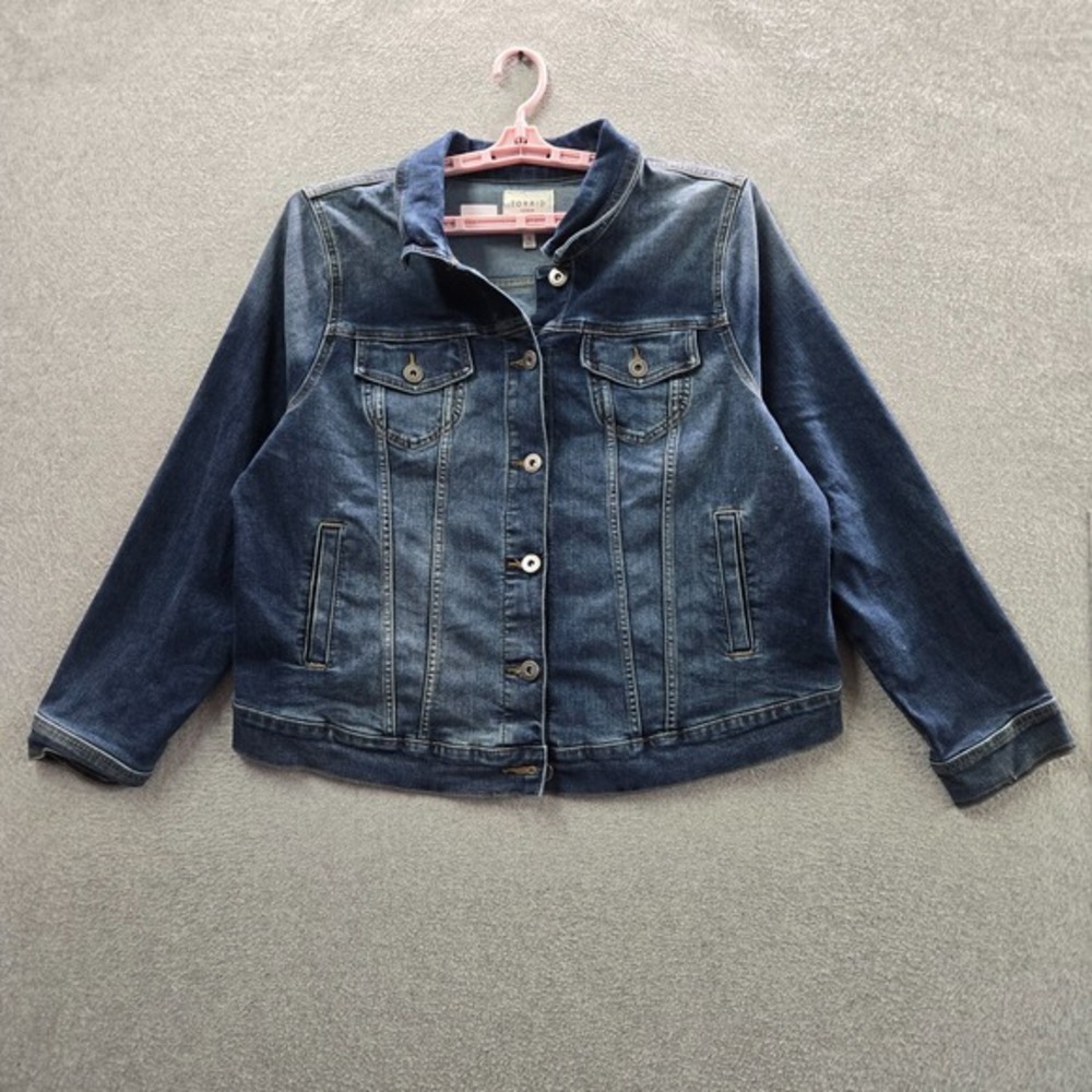 Torrid Women Jacket 3 Blue Denim Dark Wash Trucker Biker Button Front READ